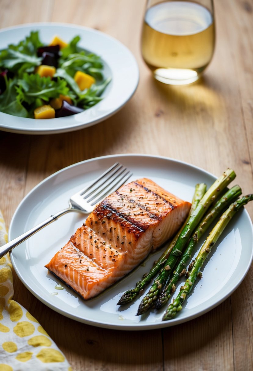 A sizzling grilled salmon fillet with charred asparagus on a simple white plate, accompanied by a side salad and a glass of white wine